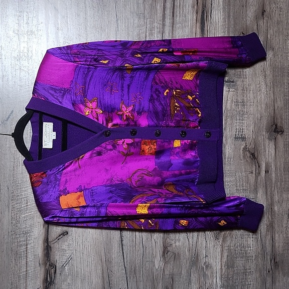St. John Collection Satin and Knit Cardigan Top in Purple Abstract - Picture 4 of 14